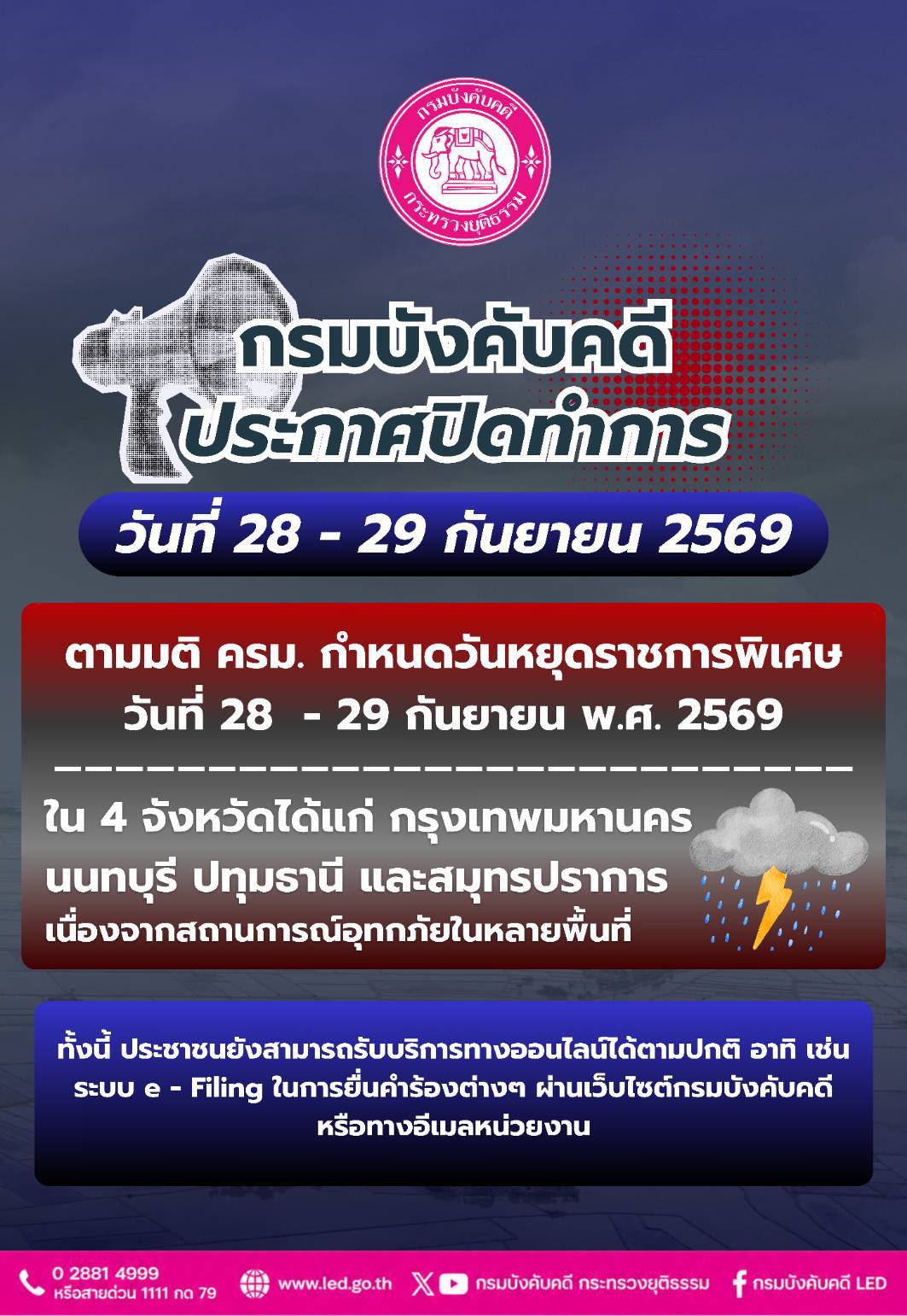 กรมบังคับคดีประกาศปิดทำการ 28 - 29 กันยายน 2569 ตามมติ ครม. วันหยุดราชการพิเศษเนื่องจากสถานการณ์อุทกภัยใน 4 จังหวัด